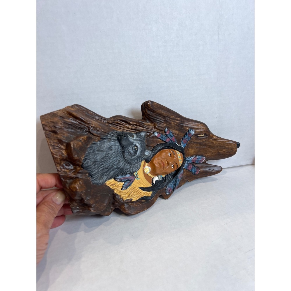 Native American Chief and Wolf Resin Sculpture Howling‎ Wolf Faux Wood Figurine - Picture 6 of 10